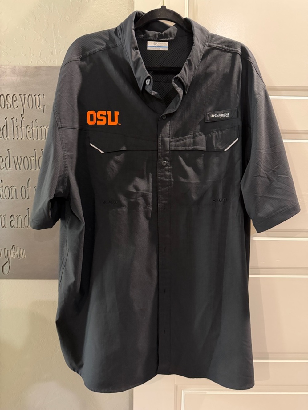 Columbia Gray Short Sleeve OSU Fishing Shirt with Orange Logo